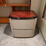 Curved Nightstand with Burl Natural Wood Veneer Top & Gold Stainless Steel Accents